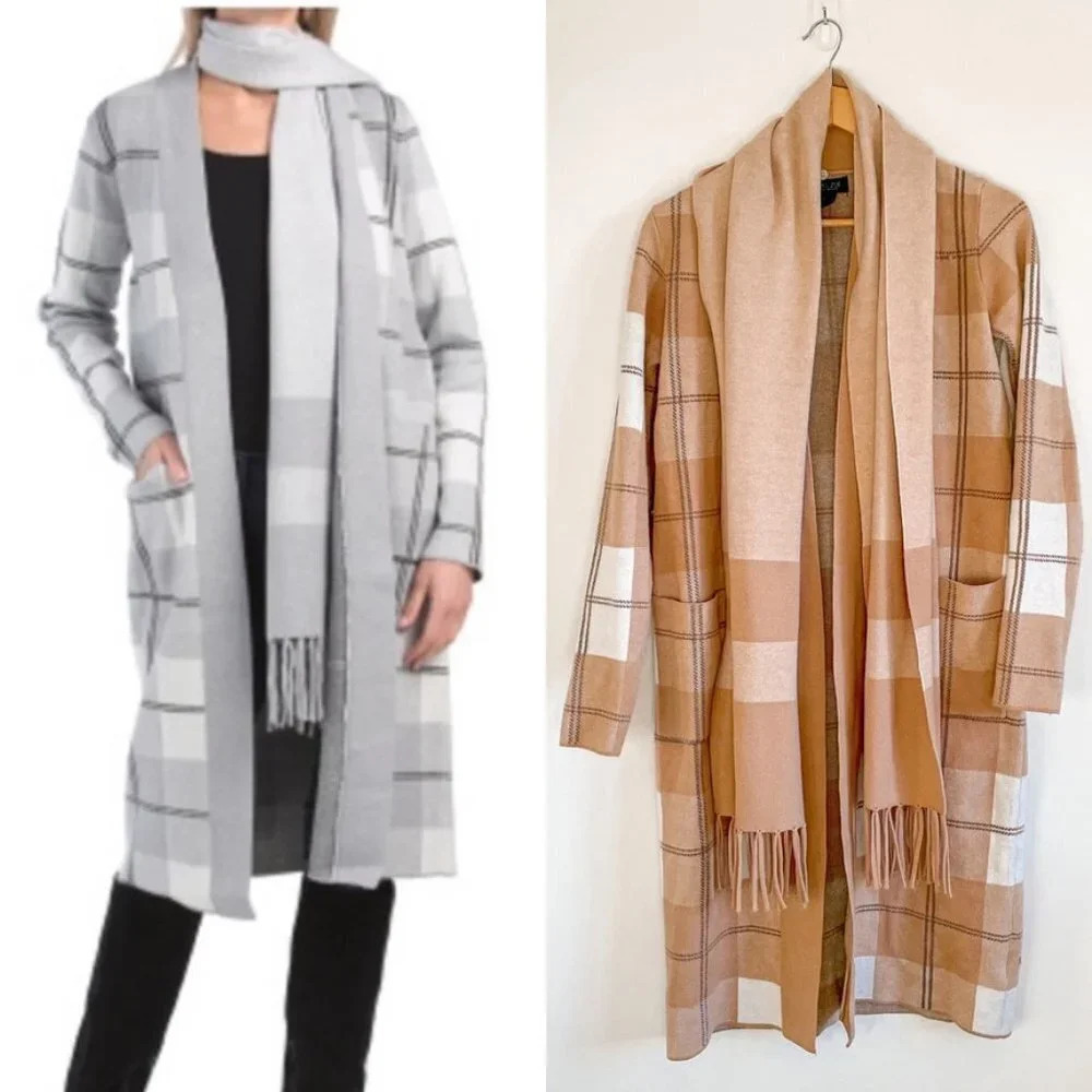 Rachel Zoe Plaid Knit Open Front Long Cardigan w/ Scarf Sz S